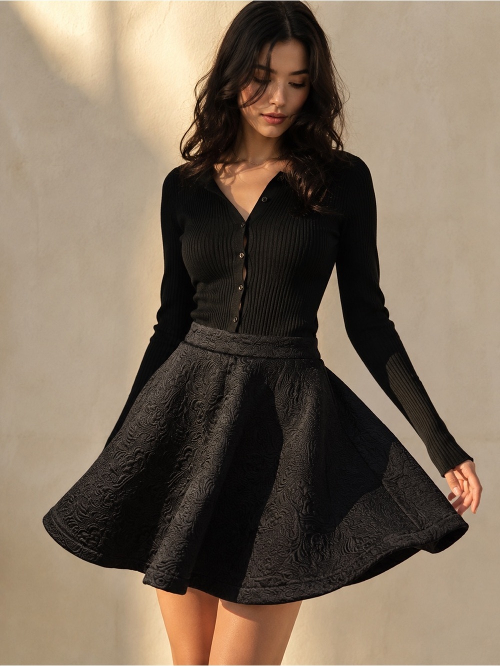 Balletcore Dark Academia Black Jacquard Skater Mini Skirt US 6